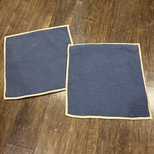 Pottery Barn Pillow Covers Cotton Basketweave Navy w/Tan trim ~Set of 2~20x20